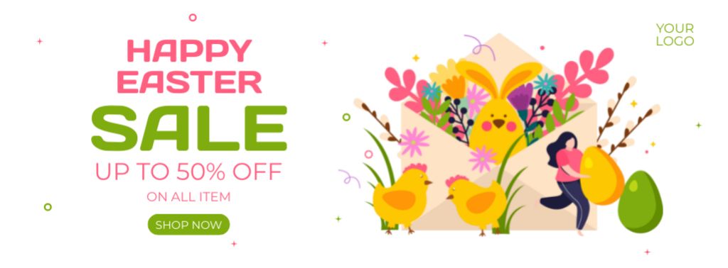 Happy Easter Sale Announcement with Cute Illustration Facebook cover – шаблон для дизайну