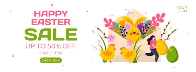 Happy Easter Sale Announcement with Cute Illustration Facebook cover Design Template