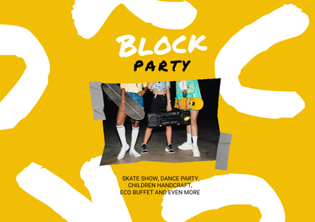 Plantilla de diseño de Anuncio de Block Party con chicas con monopatín y boombox Flyer A5 Horizontal 