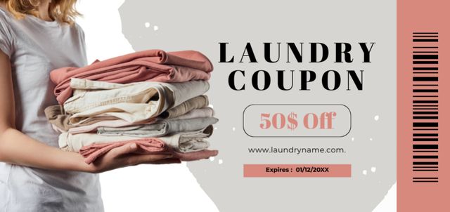 Template di design Voucher for Laundry Service with Woman and Towels Coupon Din Large