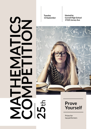 Mathematics Competition Announcement with Thoughtful Girl Poster Modelo de Design