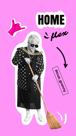 Old Stylish Woman sweeping up with Broom Instagram Story Design Template