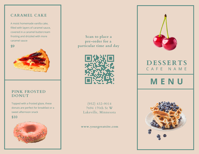 Ontwerpsjabloon van Menu 11x8.5in Tri-Fold van Waffles And Donuts With Desserts List
