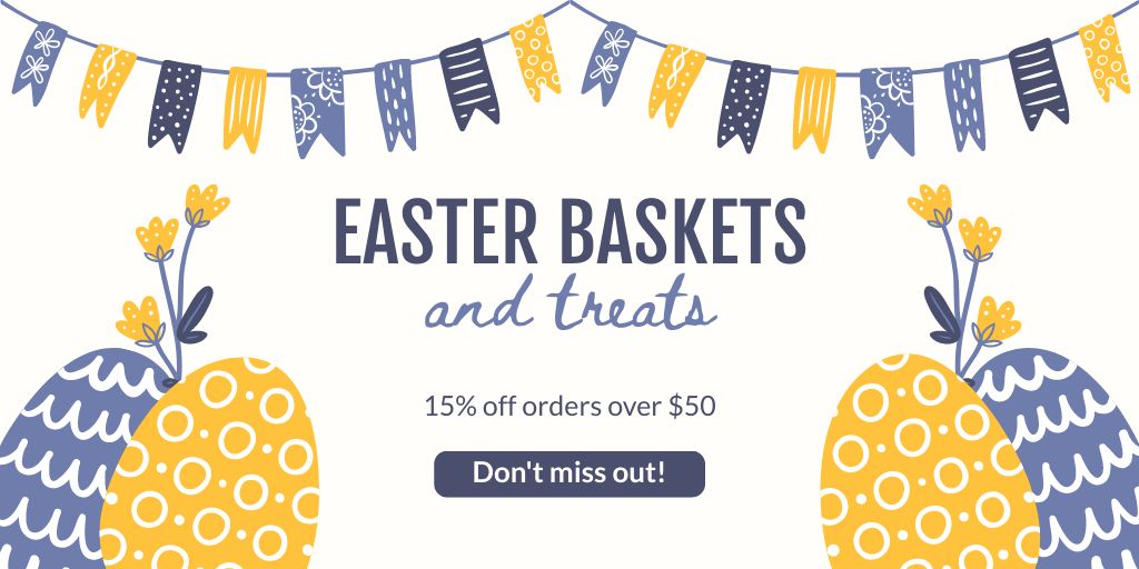 Offer of Easter Baskets and Treats with Illustration of Eggs Twitter Modelo de Design