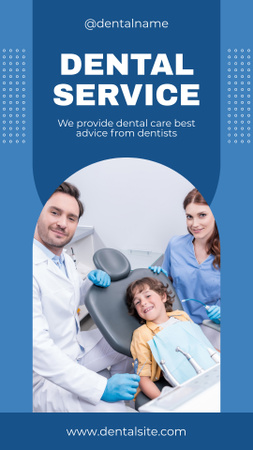 Designvorlage Anzeige für zahnärztliche Dienstleistungen mit kleinem Kind beim Zahnarztbesuch für Instagram Video Story