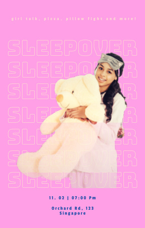 Platilla de diseño Sleepover Party Celebration With Bear Toy In Pink Invitation 4.6x7.2in