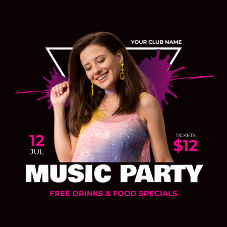 Music Party Announcement with Smiling Woman Instagram Design Template