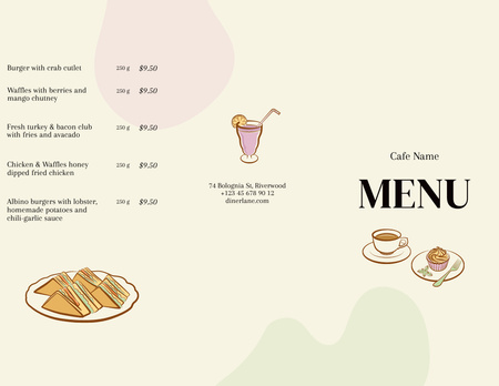 Szablon projektu Ogłoszenie menu żywności z apetycznymi daniami i napojami Menu 11x8.5in Tri-Fold