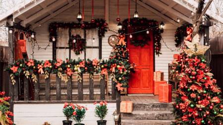 Designvorlage Niedliches Haus mit Weihnachtsdekoration dekoriert für Zoom Background