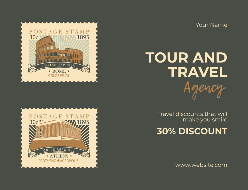 Travel Tours Ad with Vintage Postal Stamps on Green Thank You Card 5.5x4in Horizontal Design Template