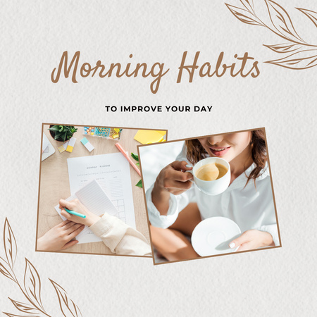 Morning Habits with Girl drinking Coffee Instagram Design Template