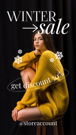 Ontwerpsjabloon van Instagram Story van Winter Sale Announcement with Young Woman in Warm Sweater