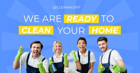 Anúncio de serviço de limpeza doméstica com equipe sorridente Facebook AD Modelo de Design