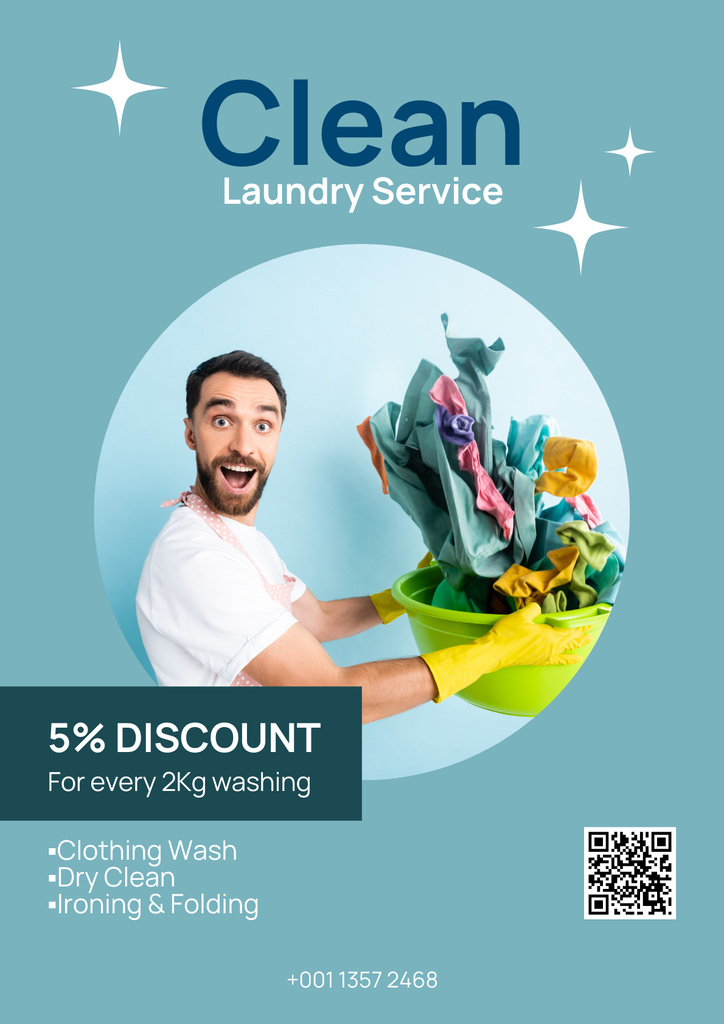 Laundry Service Offer with Young Man Posterデザインテンプレート