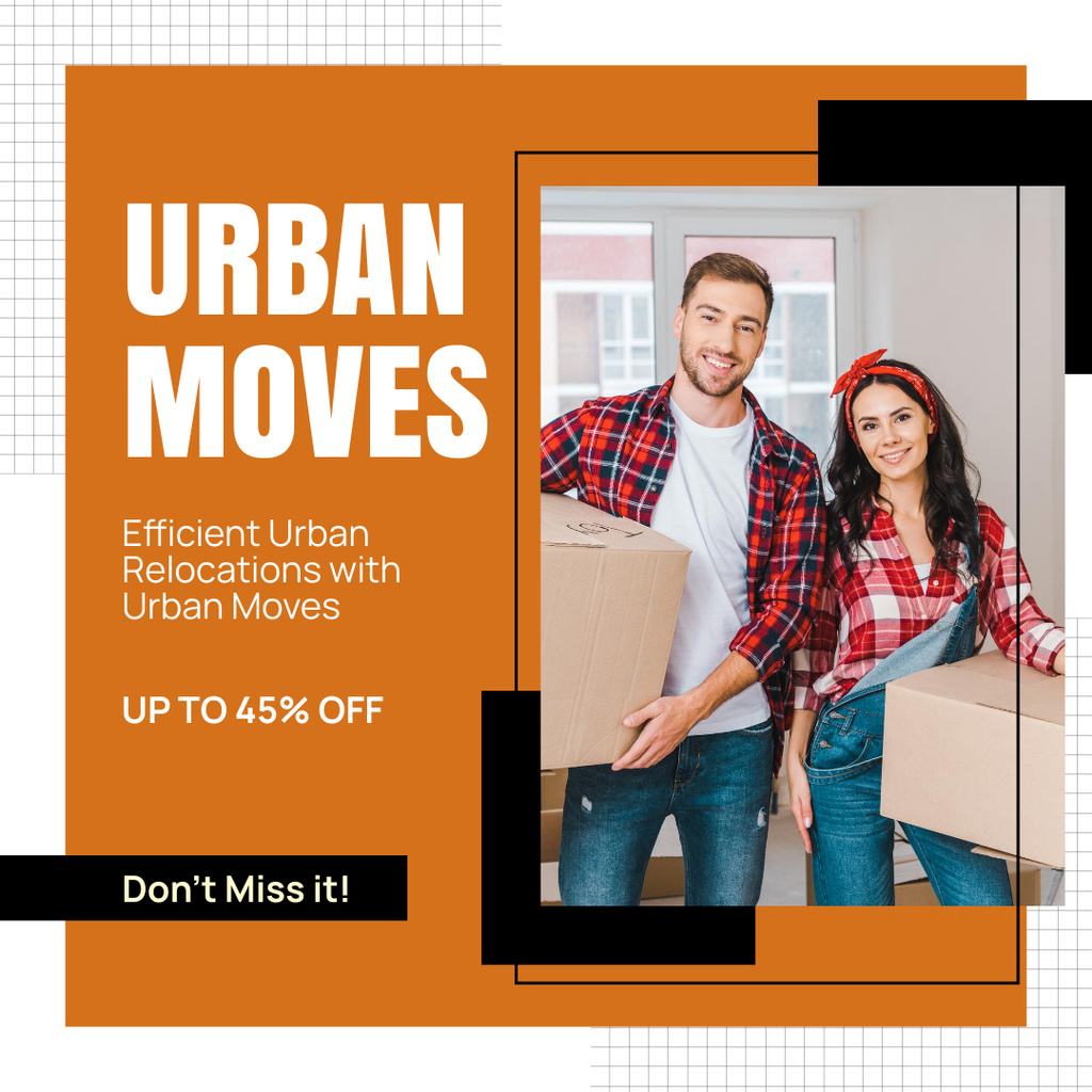 Szablon projektu Moving Services with Man and Woman holding Boxes Instagram AD