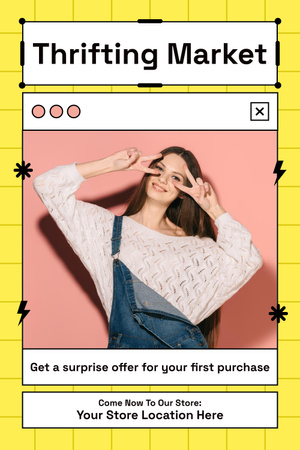 Teenager on thrifting market yellow Pinterest Design Template