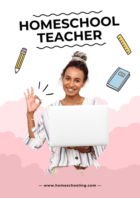 Home Education Ad with Friendly Teacher with Laptop Poster A3 Tasarım Şablonu