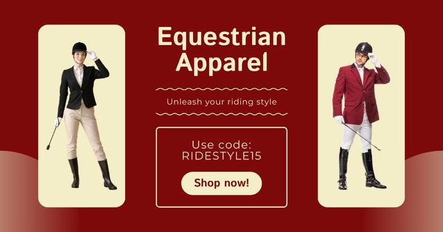 Plantilla de diseño de Sleek Equestrian Apparel With Promo Code Offer Facebook AD 