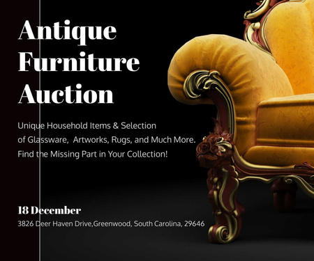 Antique Furniture Auction with Luxury Yellow Armchair Large Rectangle Design Template