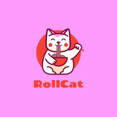 Cute Cat eating Noodles Logo Design Template