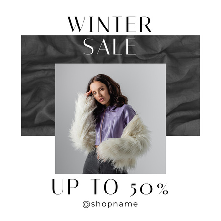 Winter Sale Ad with Stylish Woman in Faux Fur Coat Instagram Tasarım Şablonu