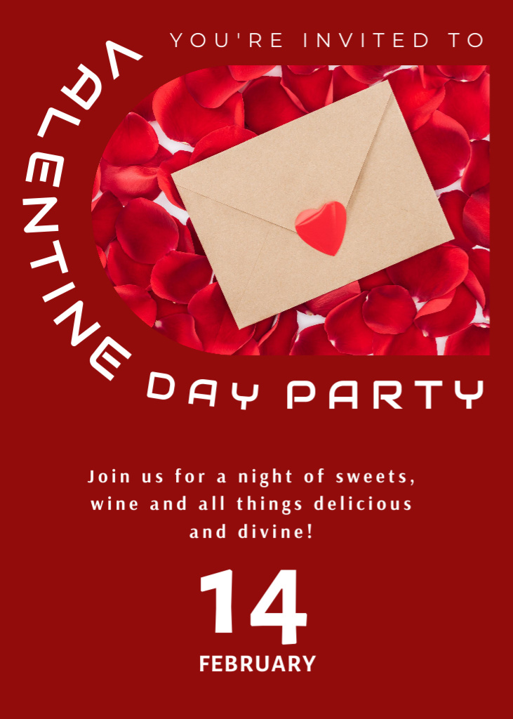 Valentine's Day Party Announcement with Envelope on Red Invitation Design Template