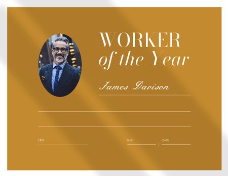 Worker of the Year Award with Smiling Businessman Certificate Design Template