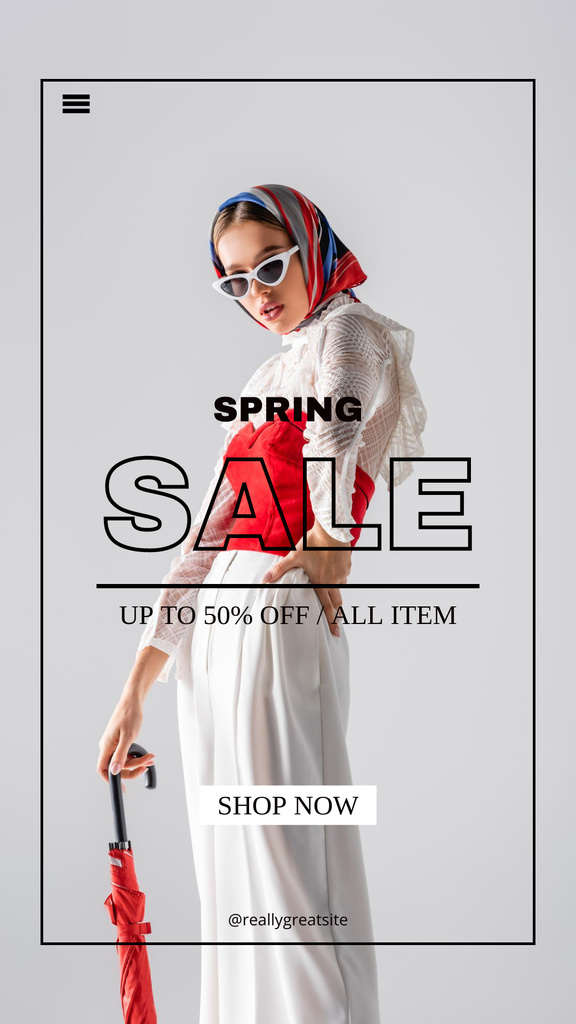 Spring Sale Announcement with Young Woman in White Instagram Story tervezősablon