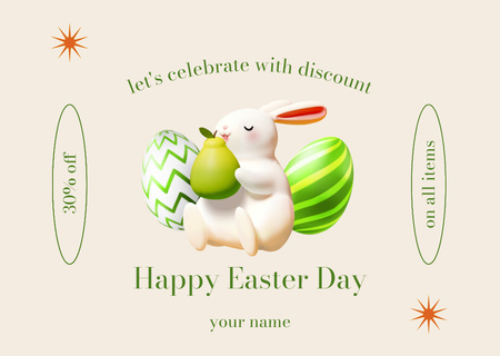 Plantilla de diseño de Oferta del Día de Pascua con Conejito Decorativo y Huevos de Pascua Pintados Tradicionales Card 