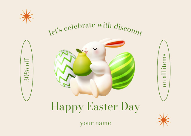 Platilla de diseño Easter Day Offer with Decorative Bunny and Traditional Painted Easter Eggs Card