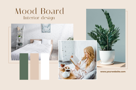 Nainen pastellinvihreän ja beigen sisustuksessa Mood Board Design Template