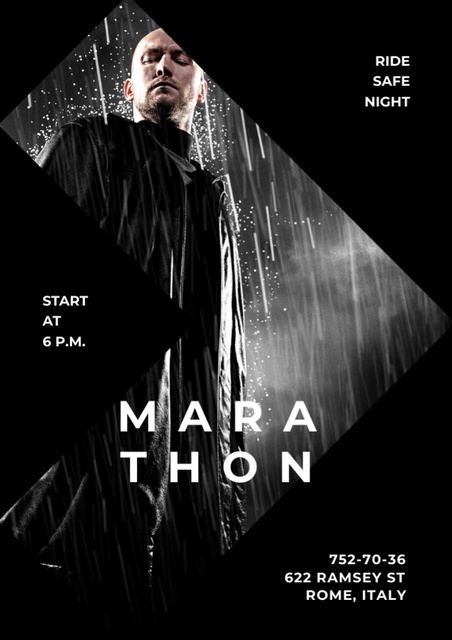 Marathon Movie Ad with Man holding Gun under Rain Flyer A4 Design Template