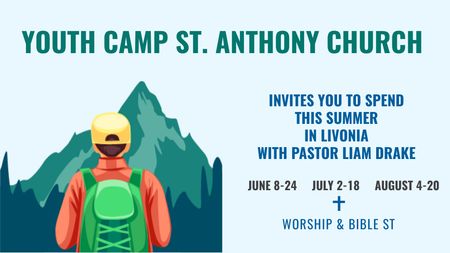 Plantilla de diseño de Youth Religion Camp invitation with boy in Mountains Title 