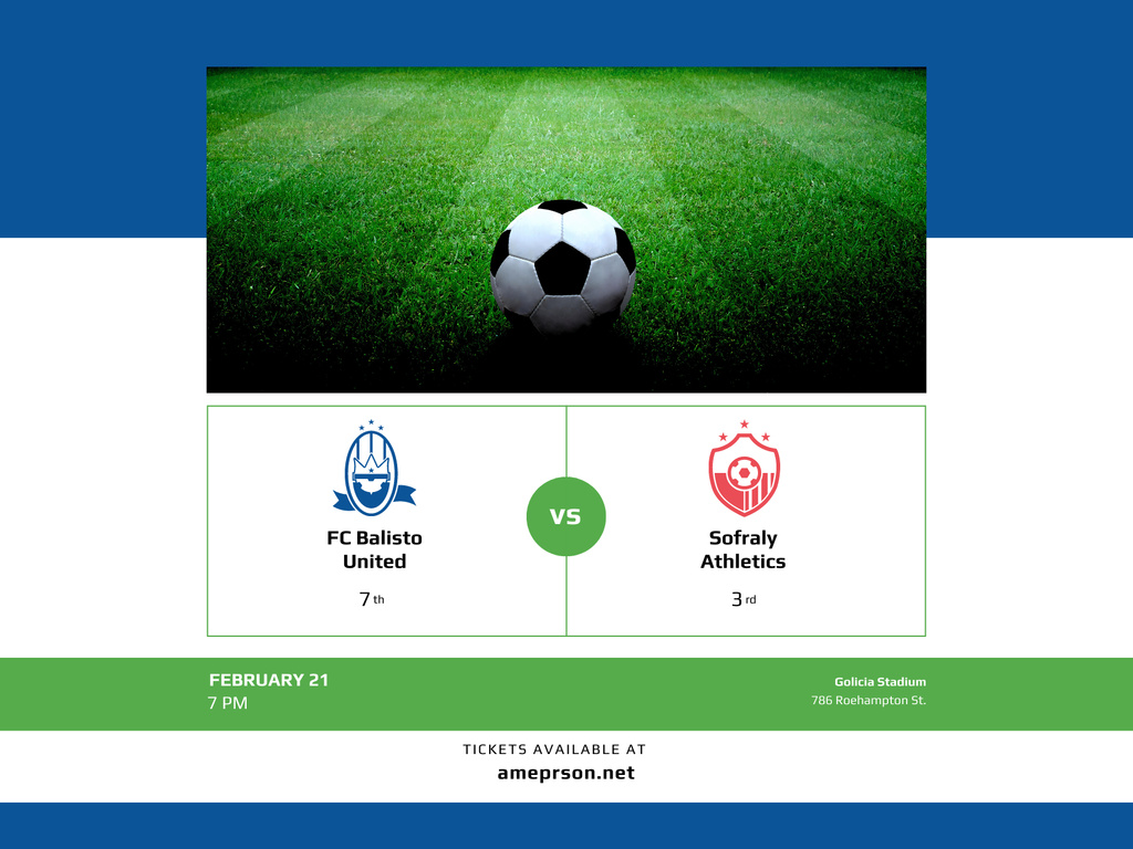 Soccer Match Announcement with Ball on Green Lawn Poster 18x24in Horizontal tervezősablon