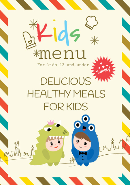 Kids Menu Offer with Cute Small Children in Costumes Flyer A5 Design Template