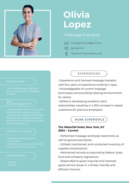 Stress-Relief Massage Therapist Skills and Experience Resume Πρότυπο σχεδίασης