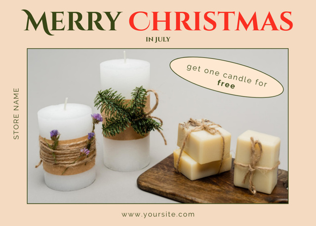 Platilla de diseño Aromatic Home Decor Offer With Candles For Christmas In July Postcard 5x7in