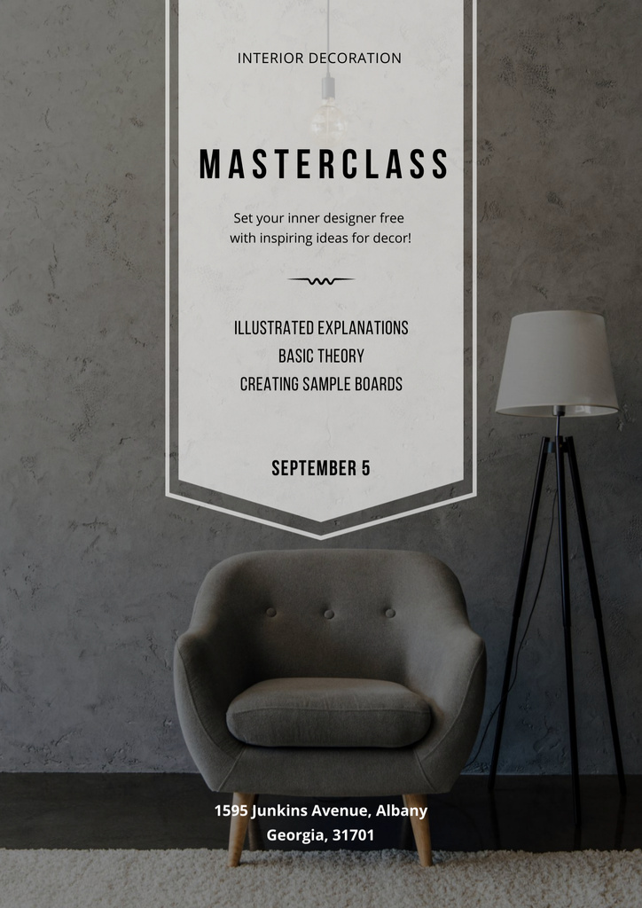 Interior Design Masterclass Ad with Stylish Lamp near Armchair Poster B2 – шаблон для дизайна