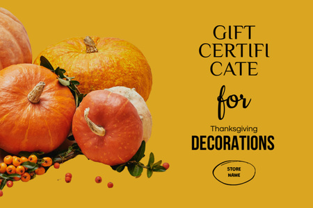 Thanksgiving Holiday Decorations Ad with Pumpkins Gift Certificate Design Template