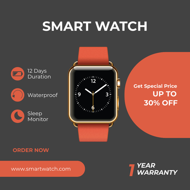 Announcement of Discounts on Smartwatch with Red Strap Instagram Design Template