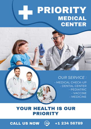 Medical Care Services Offer with Little Girl in Clinic Poster Design Template