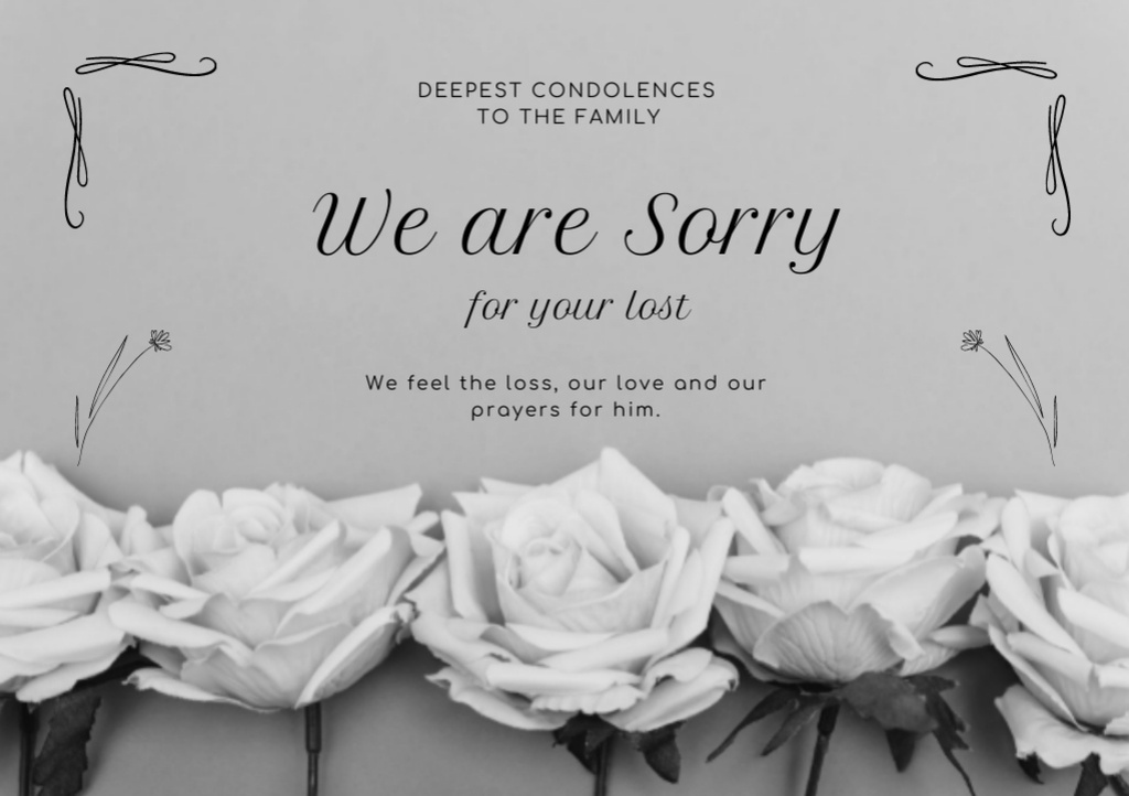 Condolence Messages on Black and White Floral Postcard A5 Šablona návrhu