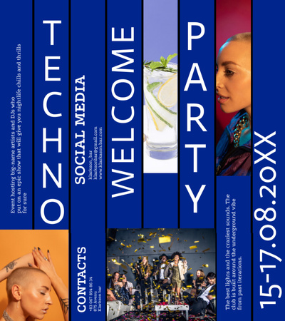 Ontwerpsjabloon van Brochure 9x8in Bi-fold van Techno Disco Party-advertentie met stijlvolle mensen