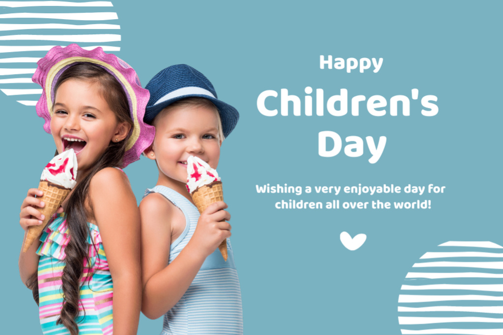 Platilla de diseño Children's Day with Cue Little Kids Eating Ice Cream Postcard 4x6in