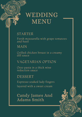 Simple Green Wedding Dishes List with Flowers Menu Design Template