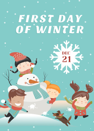 Plantilla de diseño de primer día de invierno con niños y muñeco de nieve Postcard 5x7in Vertical 