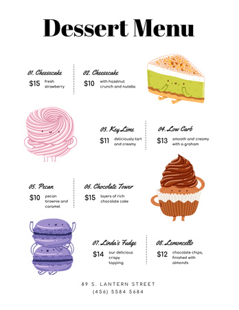 Список десертов и забавные персонажи еды Menu 8.5x11in – шаблон для дизайна