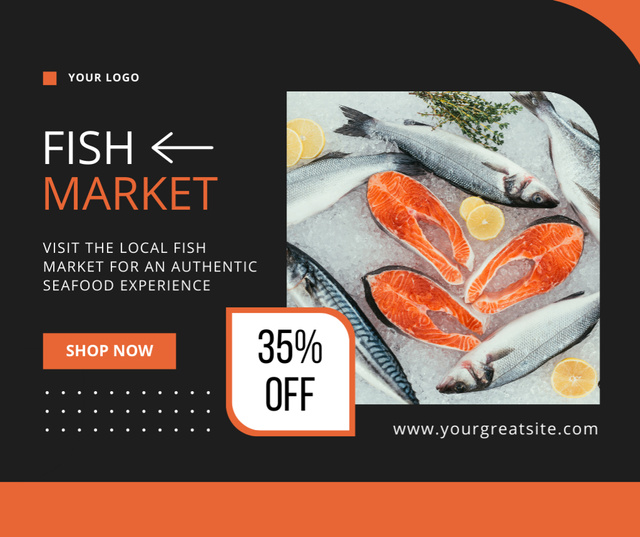 Fish Market Ad with Fresh Delicious Salmon Facebook Tasarım Şablonu