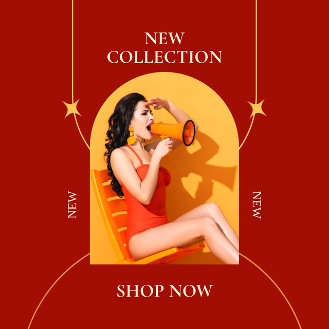 New Collection Announcement with Young Woman in Swimsuit with Shout Instagram Design Template