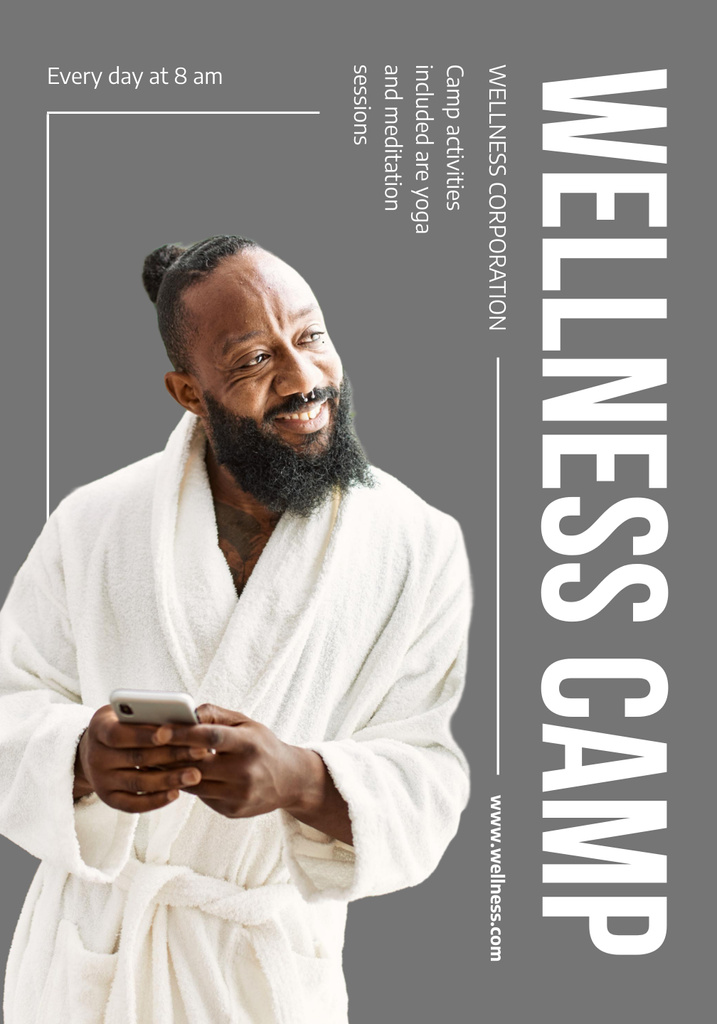 Designvorlage Wellness Camp Offer with Black Man in Robe für Poster 28x40in